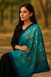 A woman sitting outdoors wearing a black top and a blue silk dupatta with a floral pattern.